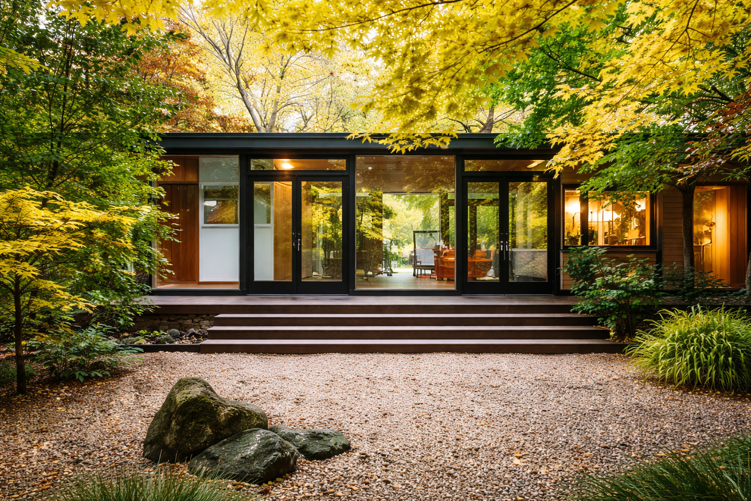 Modernes Holzhaus mit großen Glasfronten in einem herbstlichen Garten